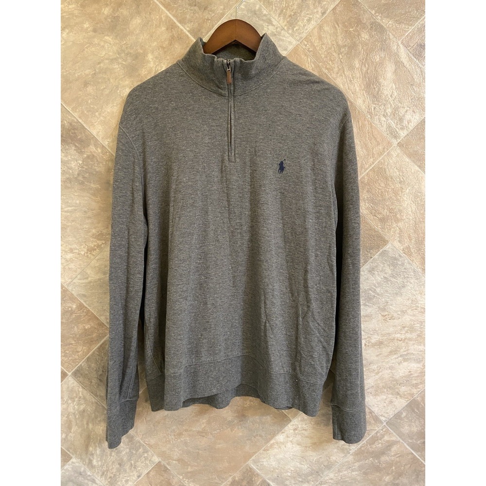 Polo Ralph Lauren Shirt Men's‎ Large Gray Cotton Pullover Navy Blue Small Pony